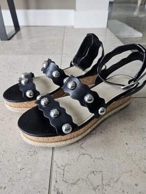 MARC FISHER Faythe Studded Ankle Strap Espadrille Wedge Platform Sandals, Black